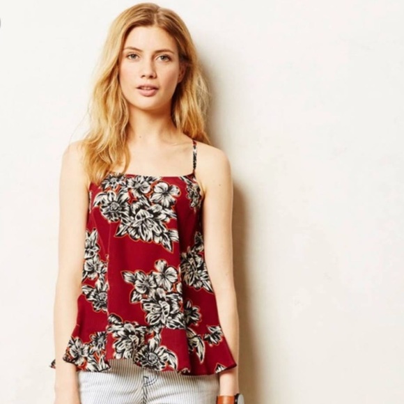 Anthropologie Tops - Anthropologie Maeve Burgundy Black Floral Zaballa Silk Ruffle Peplum Cam…
